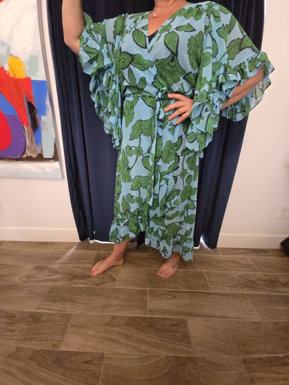 CAbi Green Floral Print Dress on Light Blue - Picture 4 of 5